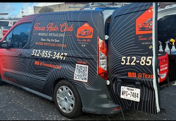 The fully stocked Texas Auto Club Mobile Detailing van on site for a job in Austin, TX